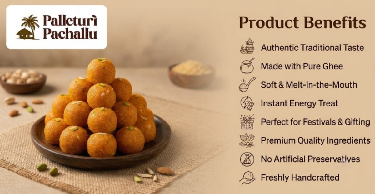A promotional product image for Palleturi Pachallu traditional Indian sweets, showing a pyramid of golden-brown laddoo sweets on a dark plate. The left side features the brand logo and a product photo, while the right side lists product benefits on a beige background.
